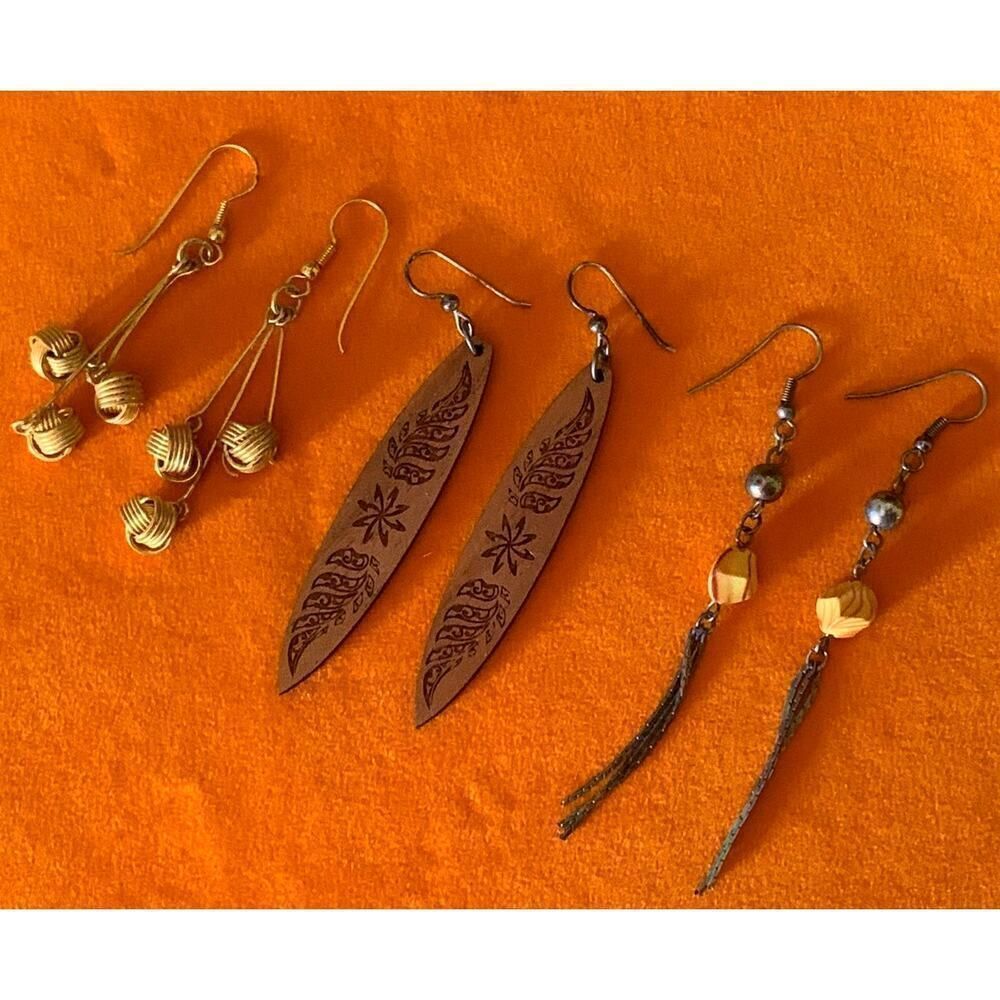 Vintage Wood and Metal Earrings, SET of 3, Unmarked
